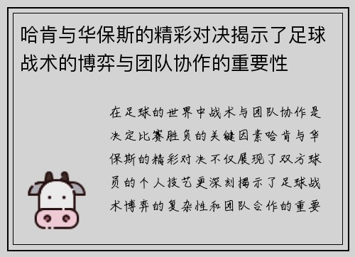 哈肯与华保斯的精彩对决揭示了足球战术的博弈与团队协作的重要性